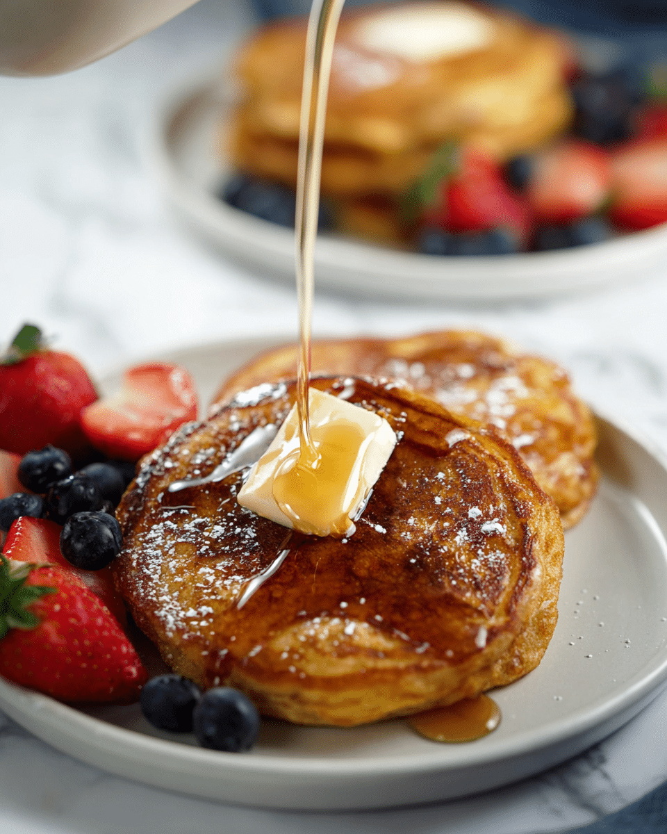 The image shows two golden brown pancakes stacked on a white plate, with a small square of melting butter on top of the top pancake. A stream of syrup is being poured over the butter, creating a shiny, sticky glaze that flows down the sides. Around the pancakes, there are fresh berries including red strawberries and dark blue blueberries, adding bright pops of color. The background has a soft white marbled texture, and in the blurred distance, another white plate with a similar pancake stack and berries is visible. photo taken with an iphone --ar 4:5 --v 7