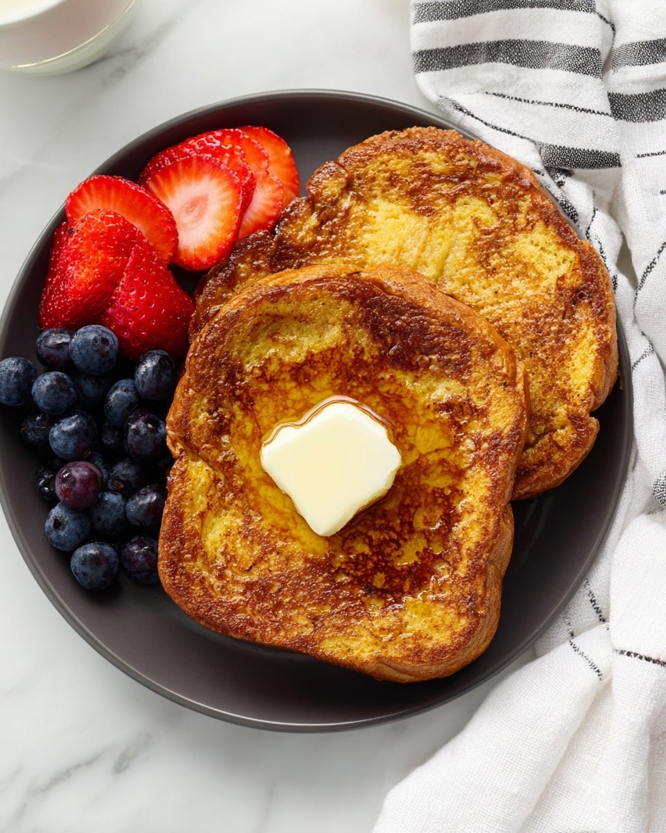 A white plate holds two thick slices of golden-brown French toast; the front slice has a melting pat of light yellow butter on top. On the upper left side of the plate, there are several sliced, bright red strawberries and plump, dark blue blueberries arranged together. The plate is set on a white marbled surface, and a white cloth with black stripes is partially visible in the background. Photo taken with an iphone --ar 4:5 --v 7