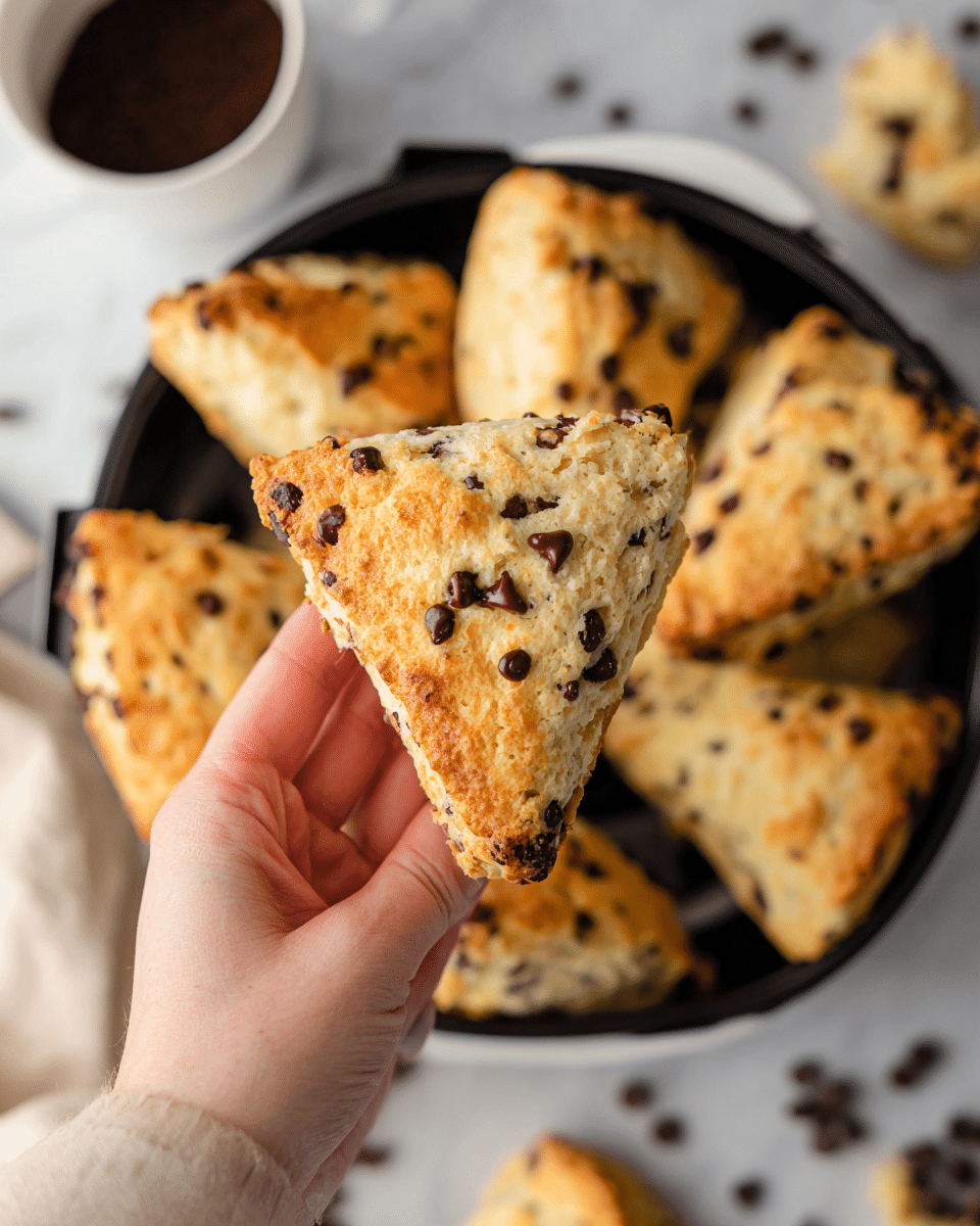 A close-up image shows a woman's hand holding a single triangular chocolate chip scone that is golden brown with visible chocolate chips scattered throughout its textured surface. In the background, there is a white air fryer basket filled with seven more of these scones, with a light golden crust and a fluffy texture. Around the basket on the white marbled textured surface, there are scattered small chocolate chips and bits of scones, adding a cozy and fresh-baked feel to the scene. The overall setting highlights the warm, inviting color and texture of the baked scones. photo taken with an iphone --ar 4:5 --v 7