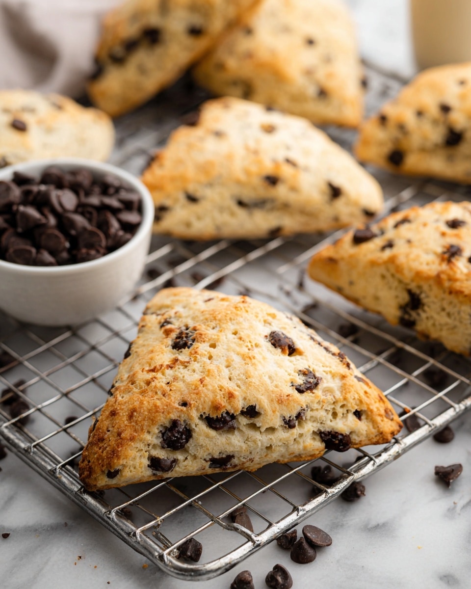 The image shows several triangular scones with a golden-brown crust and visible dark chocolate chips scattered throughout the surface, giving a textured look with some chips slightly melted into the dough. The scones rest on a metal cooling rack with a shiny, grid-like pattern. In the background, there is a white bowl filled with more dark chocolate chips. The entire scene is set on a white marbled surface with additional chocolate chips scattered around. The lighting highlights the scones’ lightly crisp texture and soft inside. photo taken with an iphone --ar 4:5 --v 7