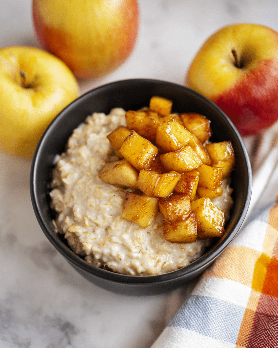 A black bowl holds a two-layer dish placed on a white marbled surface. The bottom layer is creamy oatmeal with a soft, lumpy texture and a light beige color. On top, there is a neat pile of golden brown, caramelized apple cubes, slightly crispy on the edges and glistening with a sugary coating. Surrounding the bowl are two whole apples with yellow and red skin, and a white cloth with orange, red, blue, and yellow plaid stripes is partially visible on the right side. Photo taken with an iphone --ar 4:5 --v 7