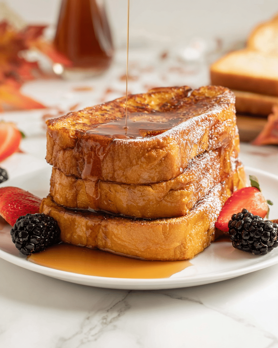 A stack of three thick, golden-brown French toast slices sitting on a white plate is shown, with amber syrup dripping slowly down the sides and pooling at the base. The top layer has a glistening shiny syrup coat, with its edges crisp and textured. Around the toast are fresh, vibrant berries: sliced red strawberries with green tops and whole blackberries, adding color contrast. The scene is set on a white marbled surface, with blurred elements in the background including a syrup dispenser and sliced bread. The lighting highlights the warm tones and moist texture of the French toast. Photo taken with an iphone --ar 4:5 --v 7