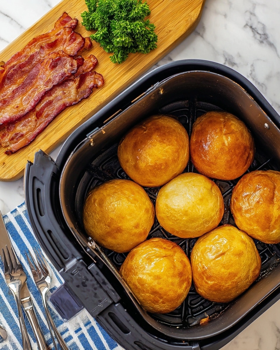 The image shows seven golden-brown, round bread rolls with a shiny surface inside a black air fryer basket. The rolls have a smooth texture with some slight crinkles. To the left, there is a wooden cutting board holding several crispy bacon strips with a mix of red and light fat colors. A small bunch of fresh green parsley is placed above the bacon. The air fryer basket is placed on a white marbled surface with a blue and white striped cloth nearby along with silver cutlery. photo taken with an iphone --ar 4:5 --v 7