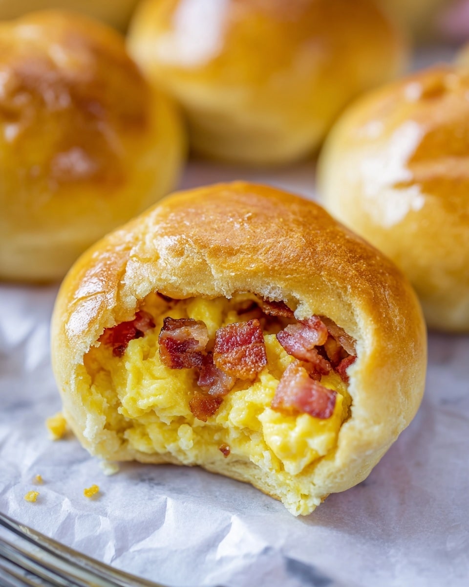 The image shows a close-up of a baked breakfast roll with one layer of soft, golden-brown dough that is shiny and slightly glossy on the outside; inside is a layer of fluffy, yellow scrambled eggs mixed with small pieces of reddish-pink cooked bacon; the roll is lightly cracked open to reveal the filling inside; the roll sits on white parchment paper with parts of other similar rolls blurred out in the background, all placed on a surface with a white marbled texture; a silver fork rests in the lower left corner. photo taken with an iphone --ar 4:5 --v 7