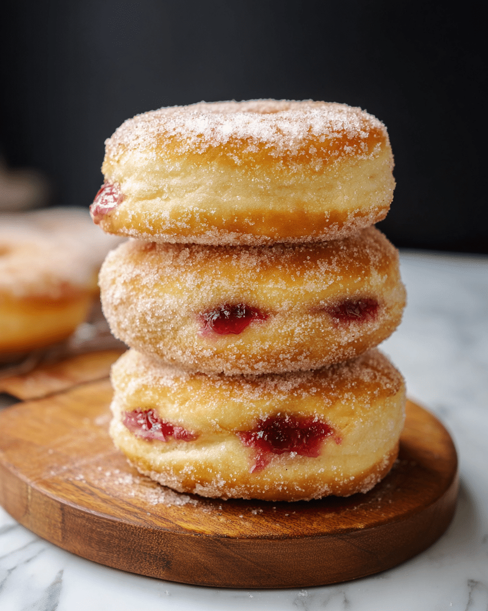 A stack of three thick, golden-brown doughnuts is shown, each coated with a layer of sugar crystals on the outside. Between the layers of soft dough, hints of red jelly filling peek out, adding a splash of color. The doughnuts sit on a round wooden board, placed on a white marbled surface. The background is dark, making the warm colors of the doughnuts stand out. Photo taken with an iphone --ar 4:5 --v 7