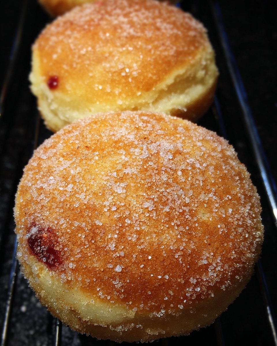 Two round doughnuts covered with a golden-brown crust and sprinkled with sugar crystals. The doughnuts have a light, fluffy texture, with one showing a small peek of red jam inside near its edge. They rest closely together on a dark wire rack. The sugar gives a grainy texture on top, contrasting with the soft dough underneath. photo taken with an iphone --ar 4:5 --v 7