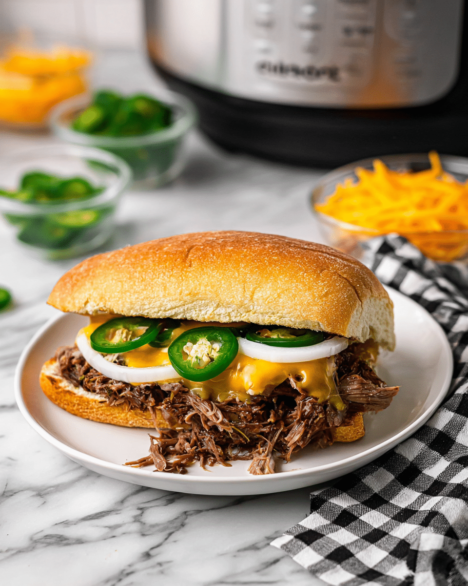 A sandwich on a white round plate with a golden brown toasted bun. Inside, there are three main layers: the bottom layer is shredded, moist, dark brown pulled meat, followed by a middle layer of thinly sliced white onion rings, and the top layer has bright green jalapeño slices covered with melted yellow cheddar cheese. The plate is on a white marbled surface with a black and white checkered cloth nearby, and blurred background elements including a slow cooker and small glass bowls with some sliced jalapeños and shredded cheese. Photo taken with an iphone --ar 4:5 --v 7