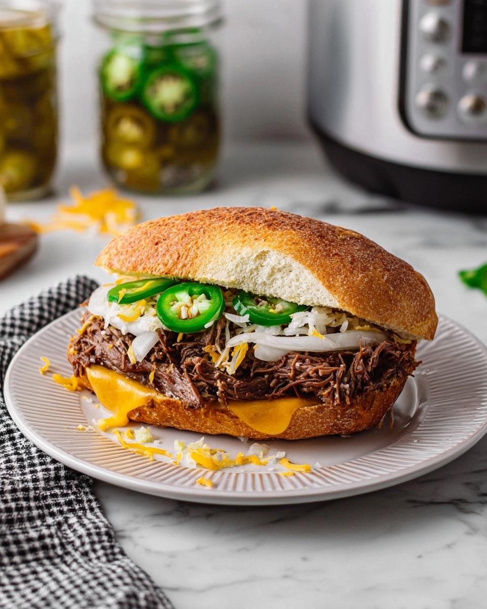 The image shows a sandwich on a white plate with ridged edges, set on a white marbled surface. The sandwich has a toasted golden brown bun with a slightly crisp texture. Inside, there are layers starting with tender, shredded beef at the bottom, topped with thin white onion slices. Above the onions, there are fresh green jalapeño slices, and melted yellow cheese drips lightly over the top. Some cheese and onion bits are scattered on the plate around the sandwich. In the background, blurred glass jars with sliced jalapeños and a utensil with buttons are visible. A black and white checkered cloth is placed near the plate. Photo taken with an iphone --ar 4:5 --v 7