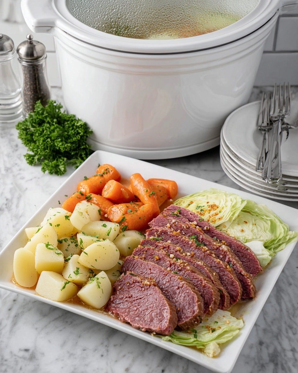 A white plate holds a meal with three layers: the bottom layer is light green cabbage leaves arranged around the edge, the middle layer is thick slices of purple-red corned beef sprinkled with mustard seeds, and the top layer consists of chunky yellow potatoes and bright orange carrot sticks, all garnished with chopped green parsley. The plate sits on a white marbled surface with salt and pepper shakers, some green herbs, and a white slow cooker in the blurred background. photo taken with an iphone --ar 4:5 --v 7