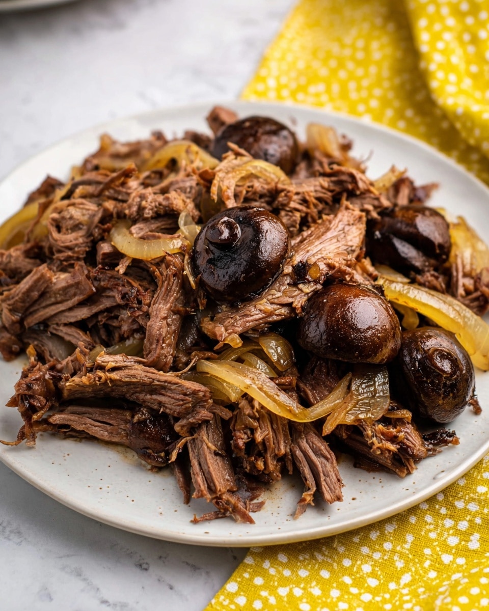 A white plate filled with a rustic pile of shredded, tender brown beef mixed with whole small dark brown mushrooms and soft, translucent cooked onion strips scattered throughout. The beef strands have a fibrous texture, with some pieces showing a darker caramelized edge. The mushrooms have a glossy, slightly wet surface, sitting evenly on top and within the beef. The cooked onions add a light yellowish color contrast, curling gently around the meat. The plate sits on a surface with a white marbled texture, creating a clean, bright background. In the bottom right corner, a yellow cloth with white dotted lines is visible. Photo taken with an iphone --ar 4:5 --v 7