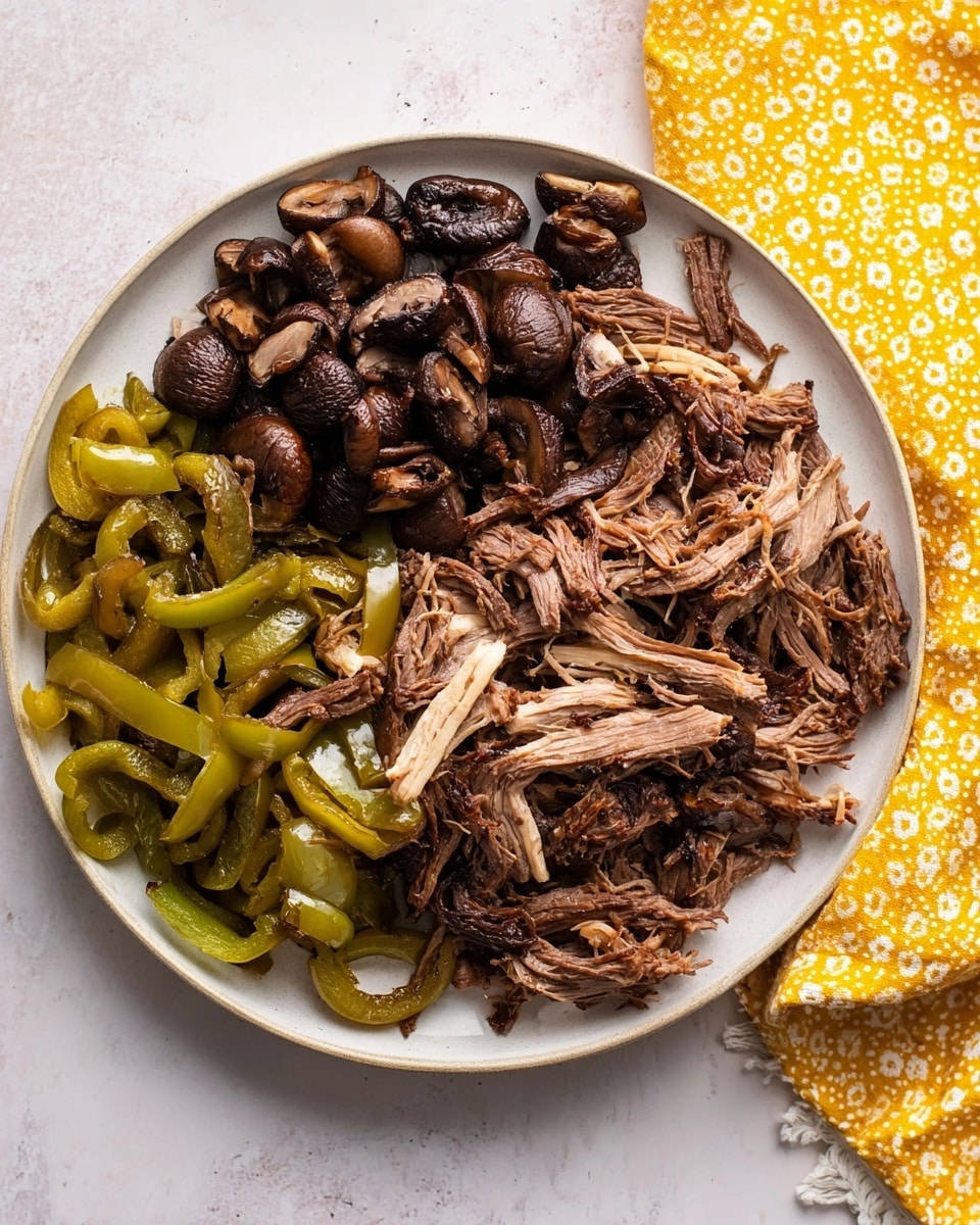 A white round plate on a white marbled textured surface holds a dish with three main layers: at the bottom are soft, translucent green peppers cut into strips, the middle layer consists of dark brown whole mushrooms varying slightly in size with a glossy texture, and the top layer features tender, shredded beef in shades of brown with a fibrous texture spread evenly over the other ingredients. A yellow cloth with white dotted patterns is partially visible on the right side of the frame. Photo taken with an iphone --ar 4:5 --v 7