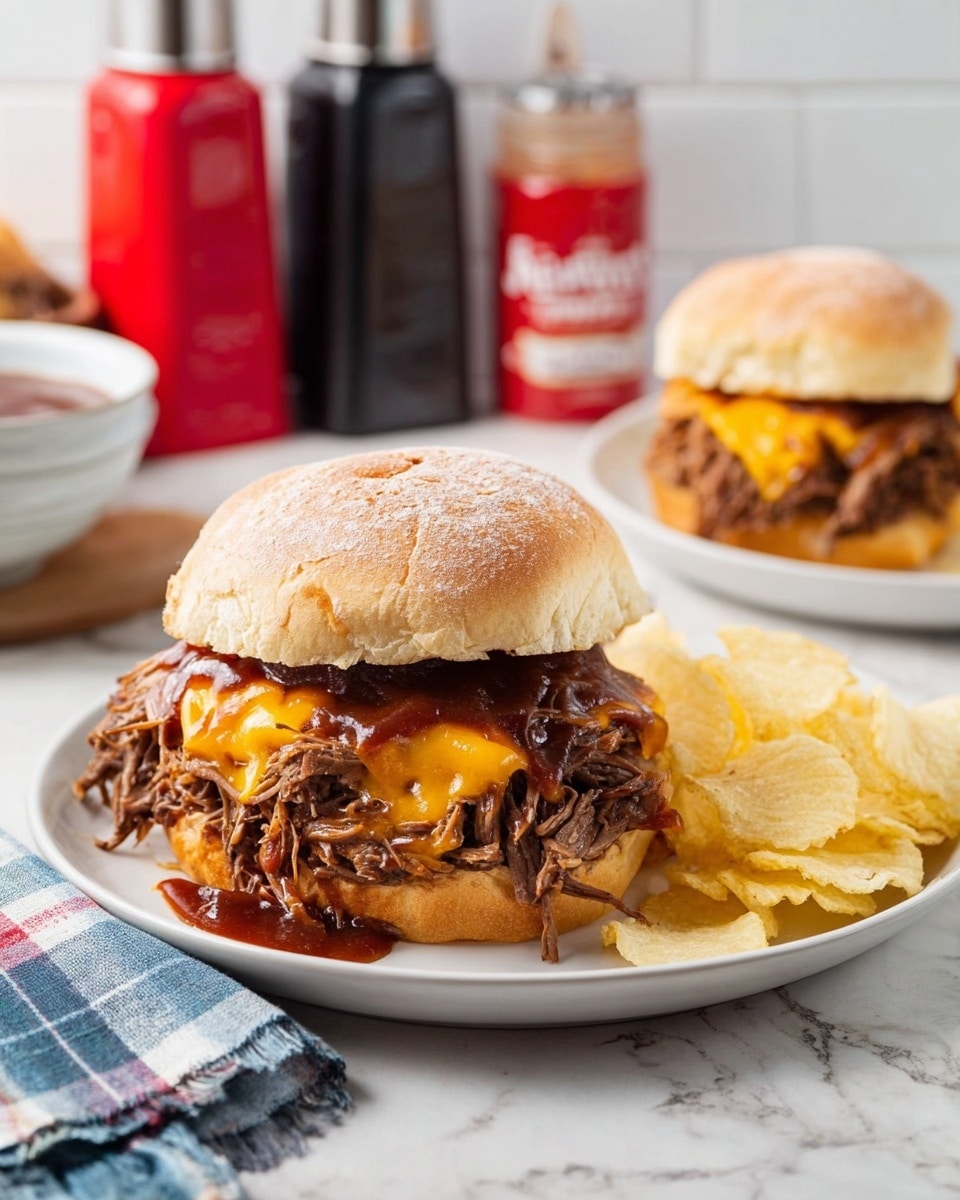 The image shows two pulled beef sandwiches served on white plates placed on a white marbled surface. Each sandwich has three visible layers: a soft, light brown bun top with a slightly flour-dusted texture, a thick layer of dark brown shredded beef, and melted bright orange cheddar cheese dripping slightly over the beef. The beef is covered with a glossy, dark reddish-brown barbecue sauce that spills over the sides. One sandwich is in the foreground with a small pile of golden, crispy potato chips beside it, while the other sandwich is in the background, without chips. The setting includes salt and pepper shakers and red and black sauce bottles blurred behind the plates, with a folded blue, white, and red plaid cloth near them. Photo taken with an iphone --ar 4:5 --v 7
