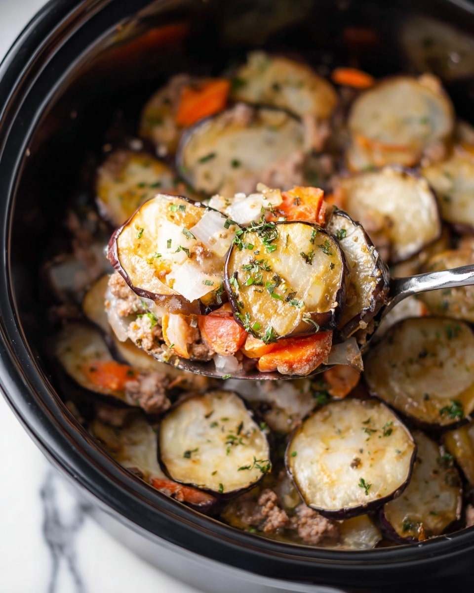 The image shows a black slow cooker filled with a layered stew dish. The bottom layer includes small chunks of cooked ground meat mixed with bright orange carrot slices and light green celery pieces. Above this is a layer of round, thinly sliced potatoes with a mix of creamy melted cheese and small green herb bits sprinkled on top. A silver spoon is scooping up a mix of all layers, showing the soft texture of the vegetables and meat. The background surface is a white marbled texture. Photo taken with an iphone --ar 4:5 --v 7