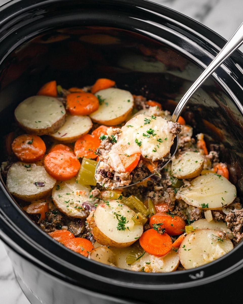 A close-up view inside a black pot filled with a layered dish consisting of round slices of cooked eggplant with brown edges and creamy white centers, soft orange carrot slices, translucent cooked onions, small pieces of cooked ground meat, and bits of green herbs sprinkled on top. The layers are mixed together, showing a blend of colors and textures with the eggplant slices dominating the top and scattered evenly throughout other ingredients. The spoon holds a portion with layers of eggplant, carrots, onions, meat, and herbs. The background is a white marbled texture. Photo taken with an iphone --ar 4:5 --v 7