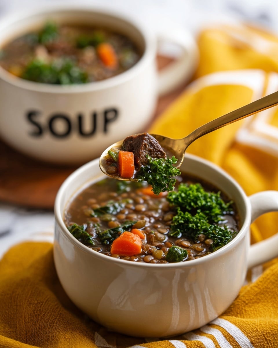 A close-up view of a cooked lentil stew showing many layers mixed together: small round brown lentils form the base layer, thick chunks of orange carrot pieces scattered throughout, light beige celery pieces interspersed, bright green curly kale leaves adding texture and color, and medium-sized brown meat chunks placed evenly within the stew, all in a broth that makes the ingredients look moist and glossy, set against a white marbled texture background. Photo taken with an iphone --ar 4:5 --v 7