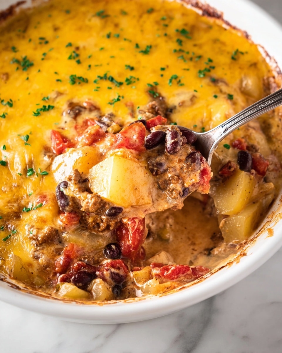 A close-up view of a white slow cooker filled with a thick stew topped with a bright yellow melted cheese layer, mixed with visible chunks of light brown potatoes, dark red kidney beans, browned ground meat, and small bits of red tomato. The edges of the cheese have browned slightly, giving a golden crust. A silver spoon with an ornate handle is scooping a portion of the stew from the cooker. Small green herbs are sprinkled on top for color, and the whole scene is set on a white marbled surface. photo taken with an iphone --ar 4:5 --v 7