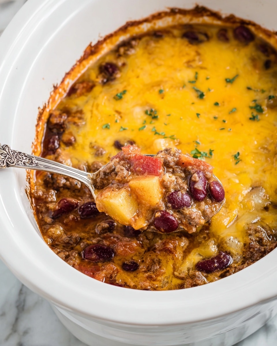 A white bowl filled with a thick, baked casserole showing a top golden-yellow melted cheese layer with small green herb sprinkles. Under the cheese, layers include chunks of light tan potatoes, dark red beans, small pieces of browned ground meat, and diced red tomatoes, all mixed into a creamy sauce. A silver spoon is scooping out a portion, revealing the mix of ingredients just beneath the cheese layer. The dish rests on a white marbled surface. Photo taken with an iphone --ar 4:5 --v 7