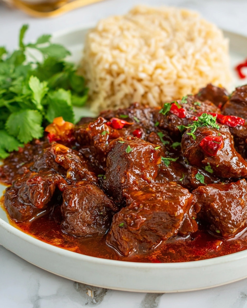 The image shows a white plate filled mostly with dark brown chunks of beef covered in a thick, glossy, reddish-brown sauce with visible small red pepper pieces and herbs sprinkled on top. Behind the beef, a mound of light brown rice sits in the top left part of the plate. A small bunch of fresh green cilantro leaves rests next to the rice, adding a fresh color contrast. The plate is placed on a white marbled surface. photo taken with an iphone --ar 4:5 --v 7