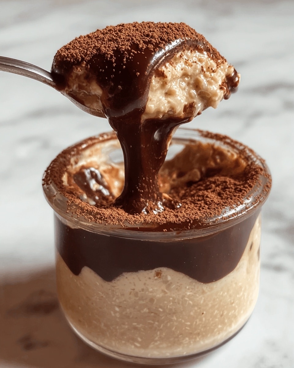 The image shows a close-up of a clear glass jar filled with a creamy dessert that has three visible layers: the bottom layer is a grainy, light beige mixture, the middle layer is a smooth, pale cream, and the top layer is a glossy dark chocolate sauce. On the very top, there is a dusting of fine cocoa powder covering the dessert evenly. A spoon is lifting a portion from the jar, showing the thick texture of the cream and chocolate dripping down the sides. The background is a white marbled texture. photo taken with an iphone --ar 4:5 --v 7