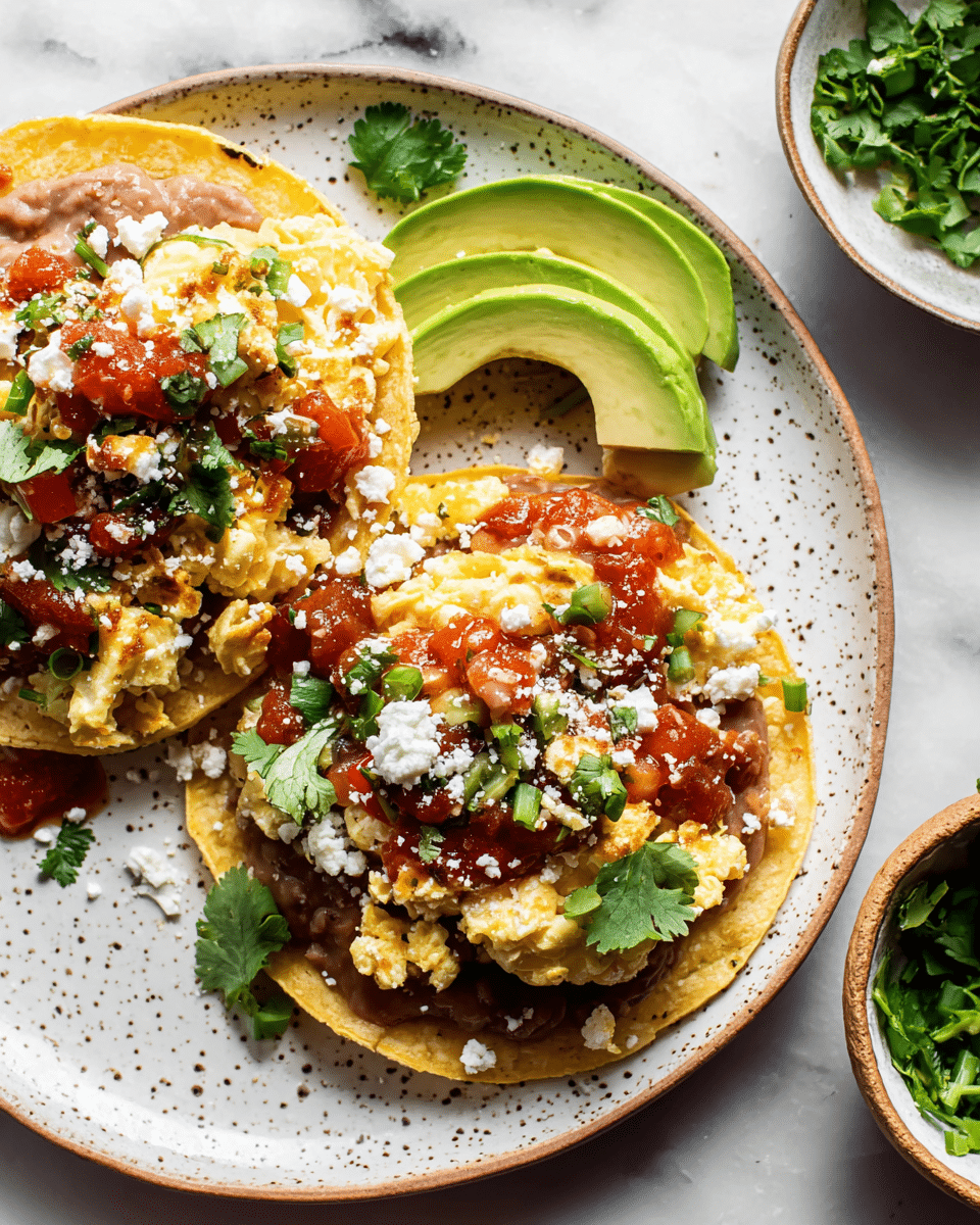 The image shows two tostadas on a white speckled plate with layers clearly visible; the bottom layer is a light yellow crispy tortilla, topped with a thick spread of brown refried beans. On top of the beans, there is a fluffy layer of scrambled eggs mixed with diced red tomatoes and green peppers, adding a colorful texture. Over the eggs, red salsa is spooned in spots, and crumbled white cheese is sprinkled all over. Fresh green cilantro leaves are scattered on top for garnish. On the side of each tostada are sliced avocado pieces with a smooth, bright green color. The plate sits on a white marbled surface, and to the right, there is a small bowl filled with more fresh green chopped cilantro. photo taken with an iphone --ar 4:5 --v 7