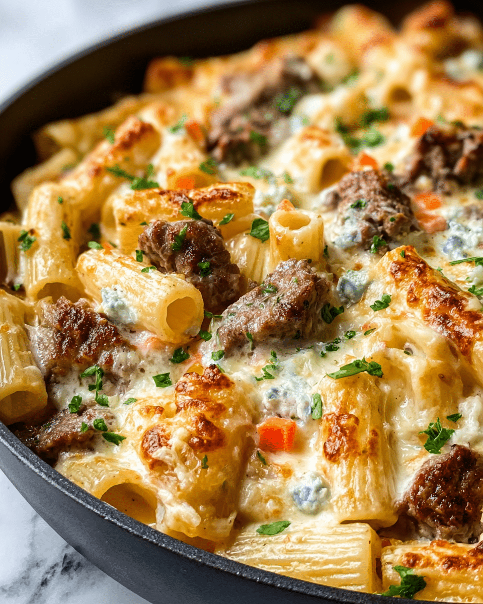 A close-up view of a creamy baked pasta dish served in a black pan, featuring three main layers: rigatoni pasta with a light golden color and slightly firm texture forming the base and middle layer, tender browned beef chunks scattered throughout as the second layer, and melted cheese with a bubbly, browned surface coating the top layer, interspersed with small bits of blue cheese and finely chopped green parsley and orange carrot pieces adding pops of color. The pasta and beef are generously covered in a creamy white sauce with a rich texture, slightly browned in places from baking. The background is a white marbled texture. Photo taken with an iphone --ar 4:5 --v 7