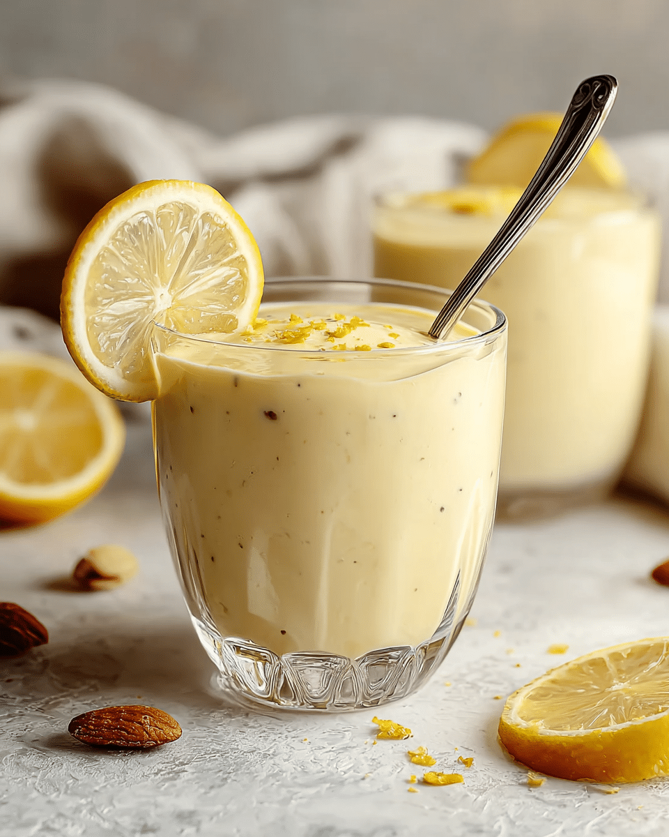 A clear glass cup filled with a smooth, creamy pale yellow dessert with tiny dark specks throughout. On top, a thin lemon slice is placed, slightly leaning on the side of the glass, with some lemon zest scattered over the surface. A silver spoon stands inside the dessert in the foreground cup. In the background, there is a second glass cup with the same dessert and lemon slice. Around them on the white marbled textured surface, there are halved lemon and pieces of nuts scattered casually. The lighting is soft, highlighting the creamy texture and fresh lemon details. photo taken with an iphone --ar 4:5 --v 7