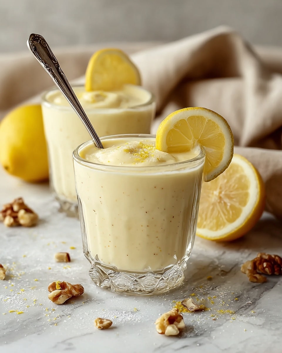 Two clear glass cups contain creamy, pale yellow pudding with small specks throughout. Each cup has a curved slice of bright yellow lemon placed on top, adding a fresh touch. One cup has a silver spoon inserted into the pudding, showing its smooth, thick texture. The cups are on a white marbled surface, scattered with small pieces of nuts and lemon zest. In the background, a beige cloth is softly folded, and half a lemon is visible near the cups. The overall look is fresh, smooth, and inviting. photo taken with an iphone --ar 4:5 --v 7