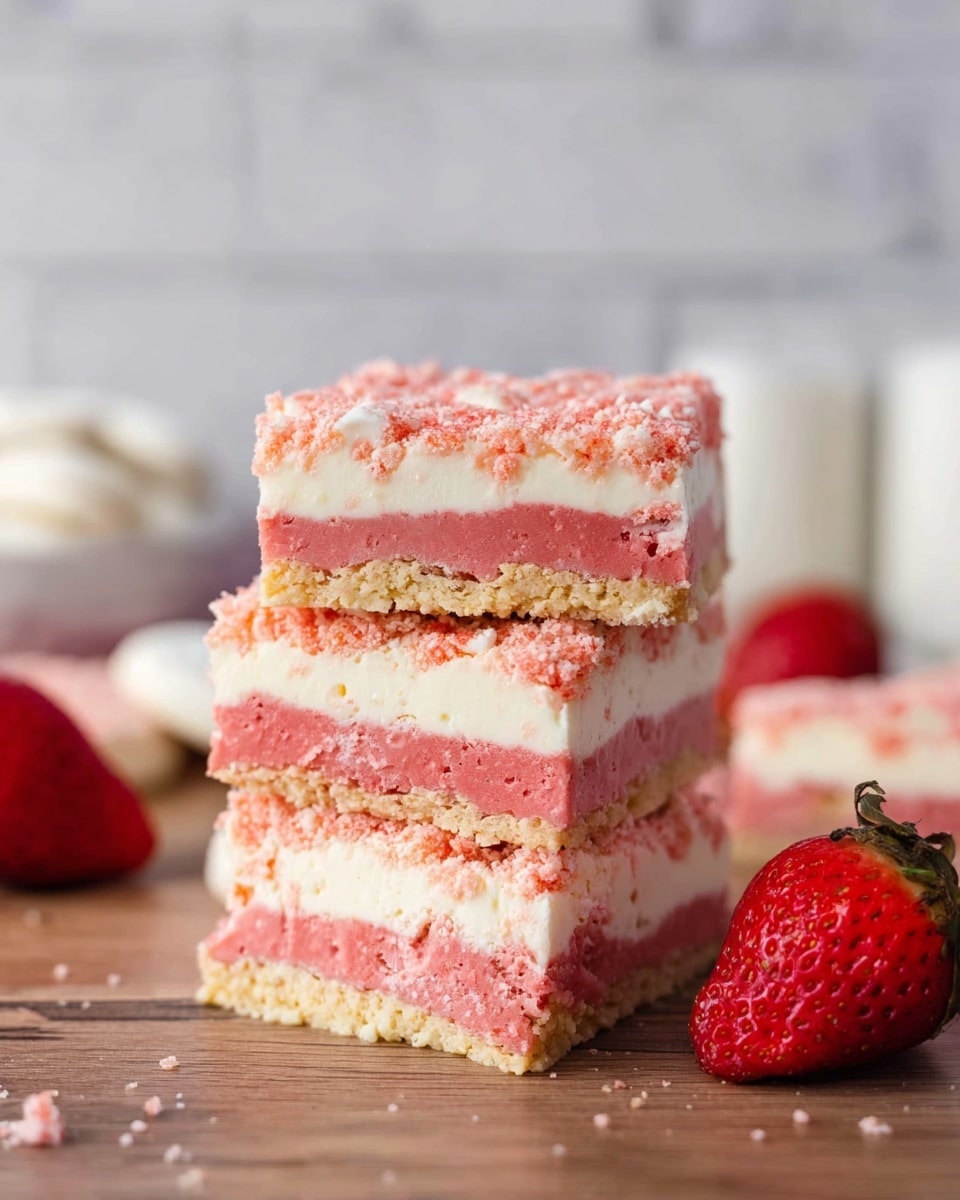 The image shows a close-up of a pink and white dessert bar with three distinct layers. The bottom layer is a light pink, soft, and moist cake-like texture. The middle layer is thick, fluffy, and white, resembling whipped cream or marshmallow. The top layer is a crumbly mix of pink and light beige streusel crumbs, giving a textured and slightly crunchy look. A bite is taken from the bar, revealing the soft inside layers. The dessert is on a white marbled surface. photo taken with an iphone --ar 4:5 --v 7