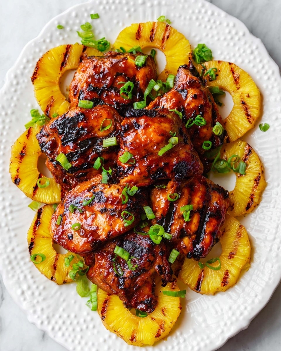 A white plate with raised dot edges holds a layer of grilled pineapple rings with golden yellow color and dark grill marks, arranged in a circle around the edge. On top, there are several pieces of barbecued chicken thighs with a shiny dark reddish-brown glaze and slight charred spots, scattered green chopped scallions are sprinkled over the chicken, adding a fresh green contrast. The dish sits on a white marbled surface. photo taken with an iphone --ar 4:5 --v 7