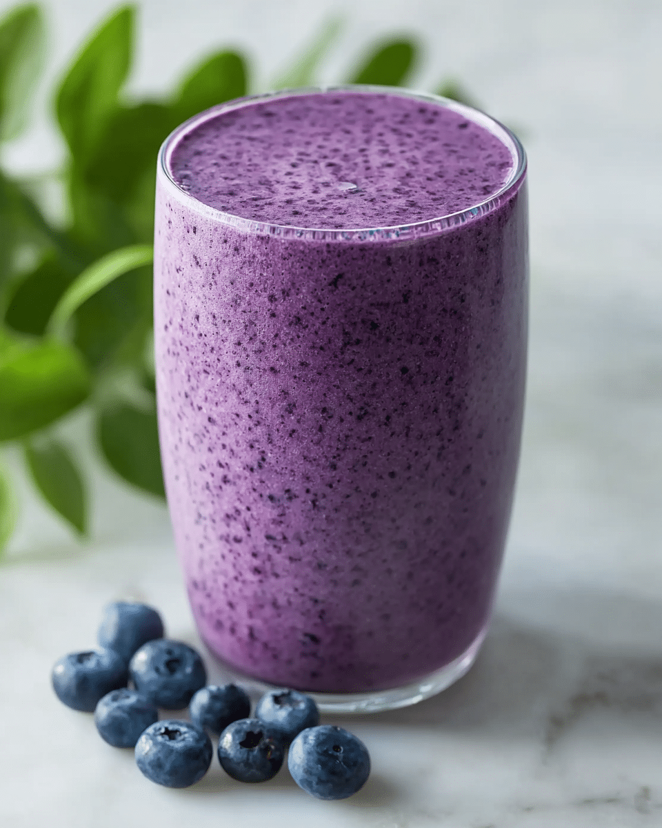 A tall clear glass filled to the top with a thick, purple smoothie that has tiny dark specks throughout, showing its creamy texture. The smoothie forms a smooth, slightly bubbly surface at the rim of the glass. Around the base of the glass, there are a few fresh blueberries scattered on a white marbled surface, with a soft green leafy plant blurred in the background. The colors are bright and fresh, focusing on the rich purple of the smoothie and the deep blue of the blueberries. photo taken with an iphone --ar 4:5 --v 7