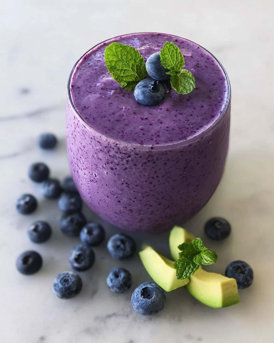 A glass filled with a thick, creamy purple smoothie, speckled with tiny blueberry bits, topped with two fresh green mint leaves. Around the glass on a white marbled surface, there are scattered fresh blueberries and two small peeled avocado slices with a small green leaf garnish. The scene is bright and clean, focusing on the vibrant colors and smooth textures. Photo taken with an iphone --ar 4:5 --v 7