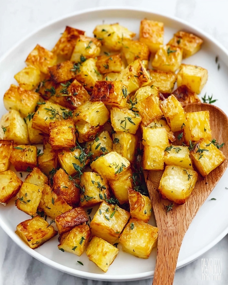 The image shows a white plate filled with golden-brown roasted potato cubes, each piece showing a mix of crispy browned edges and soft yellow centers. The potatoes are sprinkled with fresh green herbs, adding a touch of color contrast and freshness. A wooden spoon rests on the plate with some potatoes slightly pushed aside near it. The plate sits on a white marbled surface that enhances the warm colors of the food. photo taken with an iphone --ar 4:5 --v 7