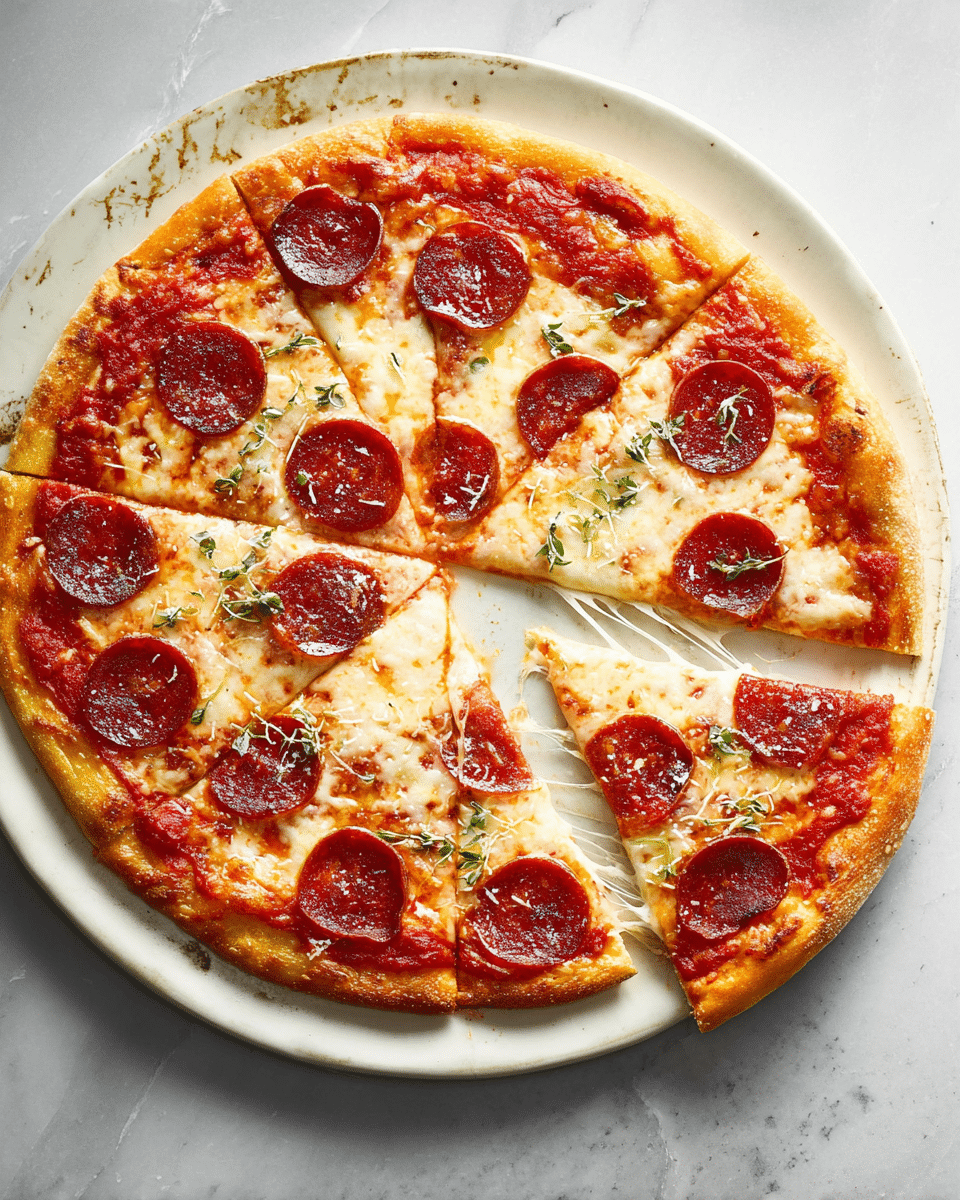 A thin, round pepperoni pizza sliced into eight pieces sits on a white plate with a slightly worn edge, placed on a white marbled surface. The pizza has a golden-brown crust with a bright red tomato sauce spread evenly close to the edge. A layer of melted, slightly browned mozzarella cheese covers the sauce, with small green herb leaves scattered on top. The pepperoni slices are dark red and evenly spread across the cheese layer. One slice is pulled out slightly, showing strings of melted cheese stretching from the pizza. photo taken with an iphone --ar 4:5 --v 7