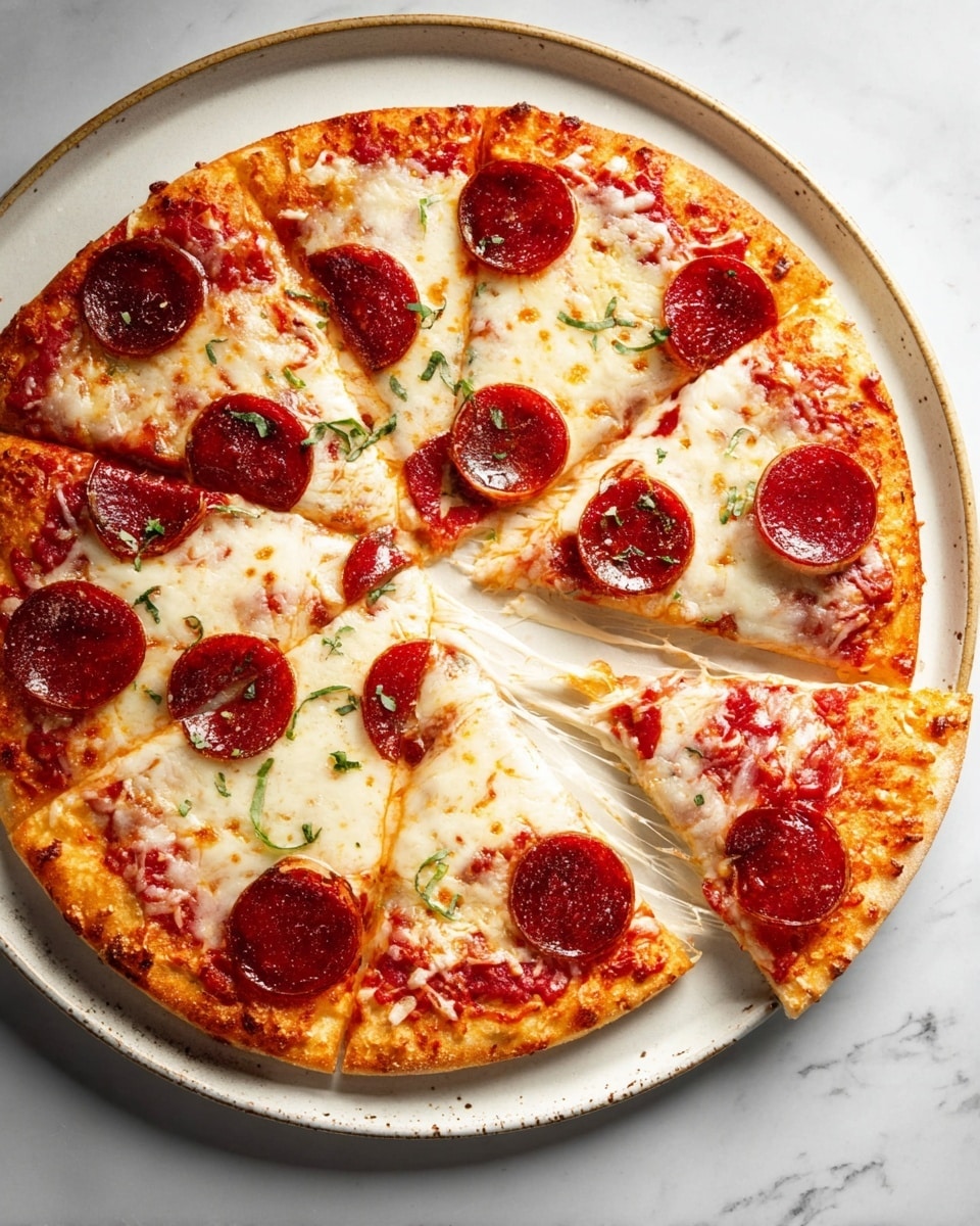 A thin crust pizza sliced into eight pieces sits on a white plate with a slight rustic edge, placed on a white marbled surface. The pizza has a base layer of red tomato sauce, topped with melted white and light golden cheese covering the entire surface. Round, dark red pepperoni slices are spread evenly on top, some with slight crisp edges. Small green herb leaves are scattered lightly across the pizza for added color. One slice is slightly pulled away, showing stretchy melted cheese between it and the rest of the pizza. photo taken with an iphone --ar 4:5 --v 7