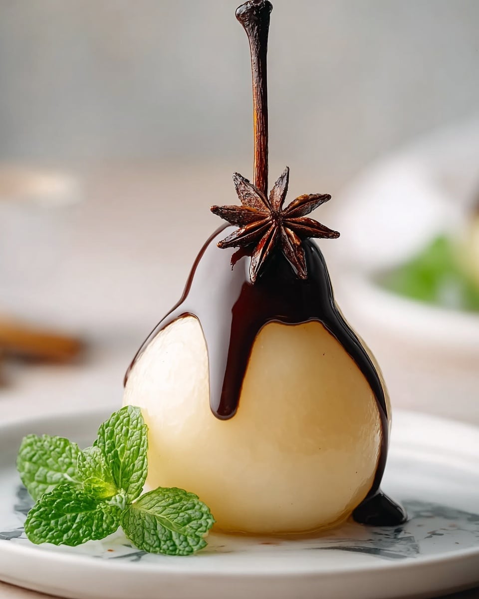 A single smooth, pale yellow pear stands upright on a white plate with a white marbled texture below, its stem intact and topped with a dark brown star anise. Thick, glossy dark chocolate sauce is being poured over the top, slowly dripping down one side of the pear and pooling slightly on the plate. A small cluster of fresh green mint leaves sits beside the pear, adding a pop of color. The background is soft and blurred, keeping the focus on the pear dessert. Photo taken with an iphone --ar 4:5 --v 7