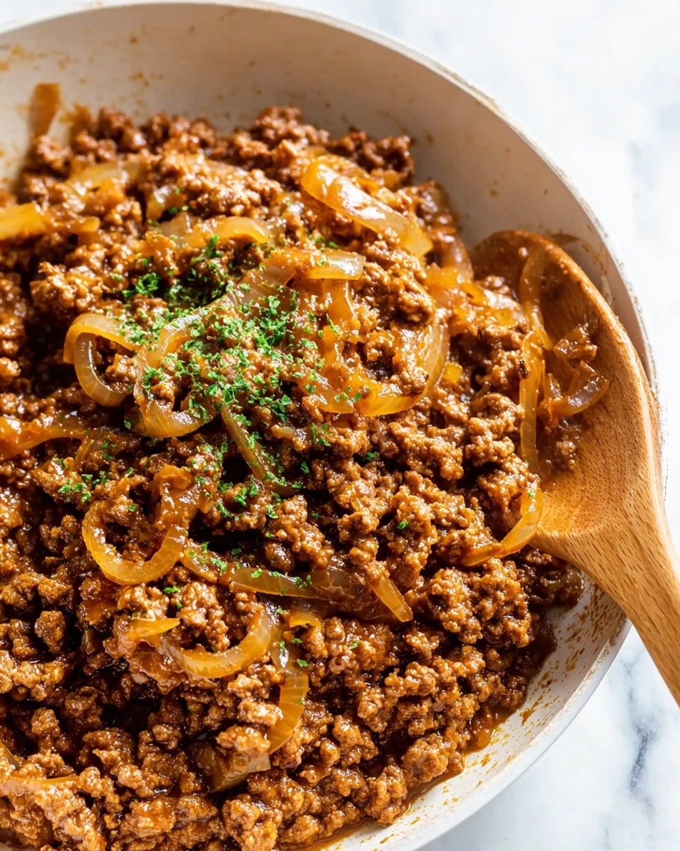 A close-up view of cooked ground meat mixed with thin, translucent cooked onion slices, all coated in a rich brown sauce that gives the meat a slightly glossy texture. The mixture sits in a white bowl, with a light sprinkling of finely chopped green herbs garnishing the top, adding a pop of color. A wooden spoon is partially visible on the right side, stirring the contents, all placed on a white marbled surface. The photo taken with an iphone --ar 4:5 --v 7