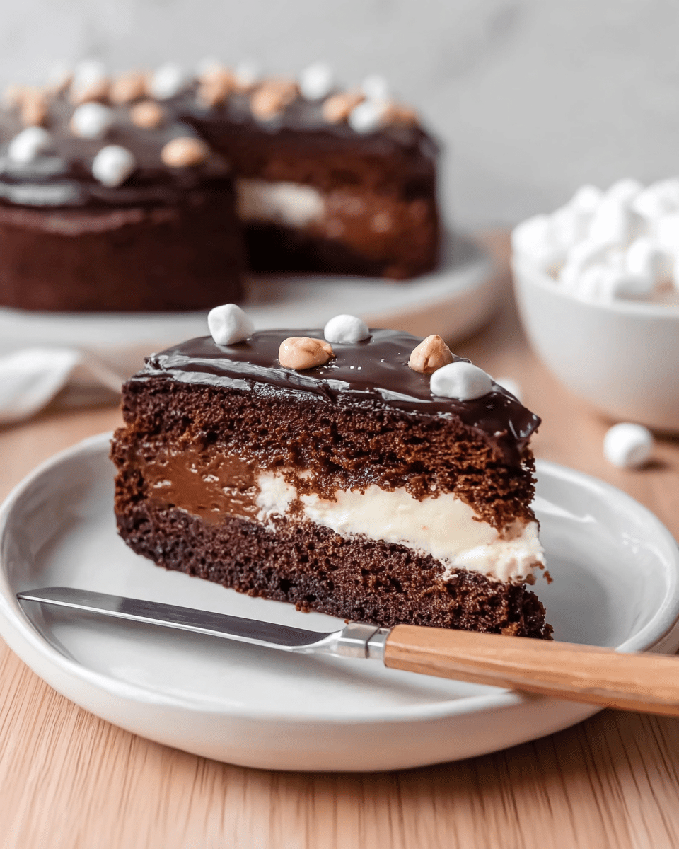 A slice of chocolate cake sits on a white plate with a light wood texture, showing three visible layers: a bottom dark brown moist cake layer, a middle creamy white layer, and a top shiny dark chocolate glaze layer. The glaze is smooth and thick, with small white and light brown nuts on top for decoration. In front of the slice, there is a silver knife with a wooden handle resting on the plate. In the background, a whole chocolate cake with similar layers and nut decorations is partially visible on a white marbled surface, along with a white bowl filled with mini white marshmallows. Photo taken with an iphone --ar 4:5 --v 7