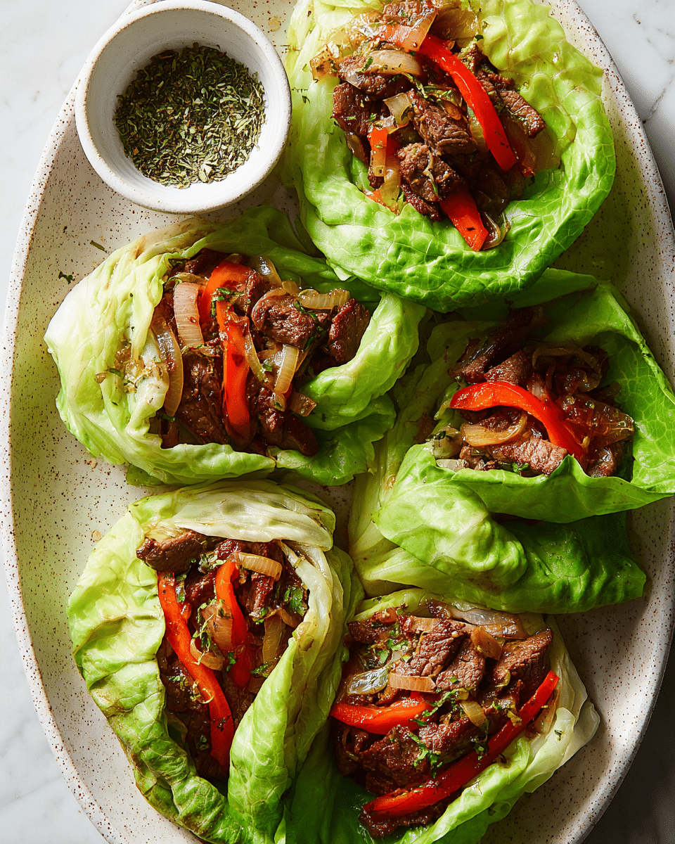 The image shows five cabbage wraps arranged on a white speckled plate placed on a white marbled texture. Each wrap has a vibrant green cabbage leaf folded around a filling of cooked beef strips in rich brown with a slightly seared texture, mixed with bright red bell pepper slices, and small pieces of translucent cooked onions. In the top left corner of the plate, there is a small white bowl filled with dried green herbs or seasoning. The overall look is fresh, colorful, and textured with the cabbage leaves smooth and slightly glossy, contrasting with the savory filling inside. photo taken with an iphone --ar 4:5 --v 7