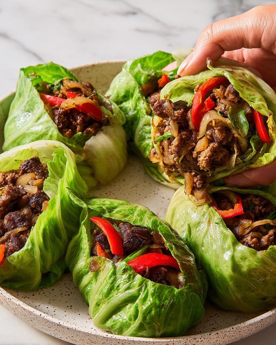 The image shows five green cabbage wraps filled with cooked dark brown meat, sliced red bell peppers, and light brown sautéed onions. The cabbage leaves are large and bright green, wrapping tightly around the fillings. One wrap is being held by a woman's hand from the right side, showing the filling inside. The wraps are placed on a white speckled dish, all resting on a white marbled surface. The textures of the meat are slightly crispy and browned, while the cabbage looks fresh and crisp. photo taken with an iphone --ar 4:5 --v 7