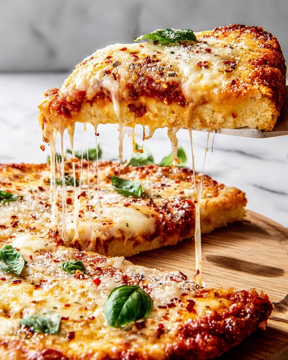 A slice of pizza is being lifted from a whole pizza on a wooden board, showing three layers: a crispy golden crust at the bottom, a red tomato sauce layer in the middle with some texture, and a thick, gooey layer of melted cheese on top that stretches in long strings as the slice is lifted. The surface of the cheese is golden with browned spots and sprinkled with red pepper flakes and grated cheese. Fresh green basil leaves are scattered across the pizza, adding a pop of color. The background is a white marbled texture. Photo taken with an iphone --ar 4:5 --v 7
