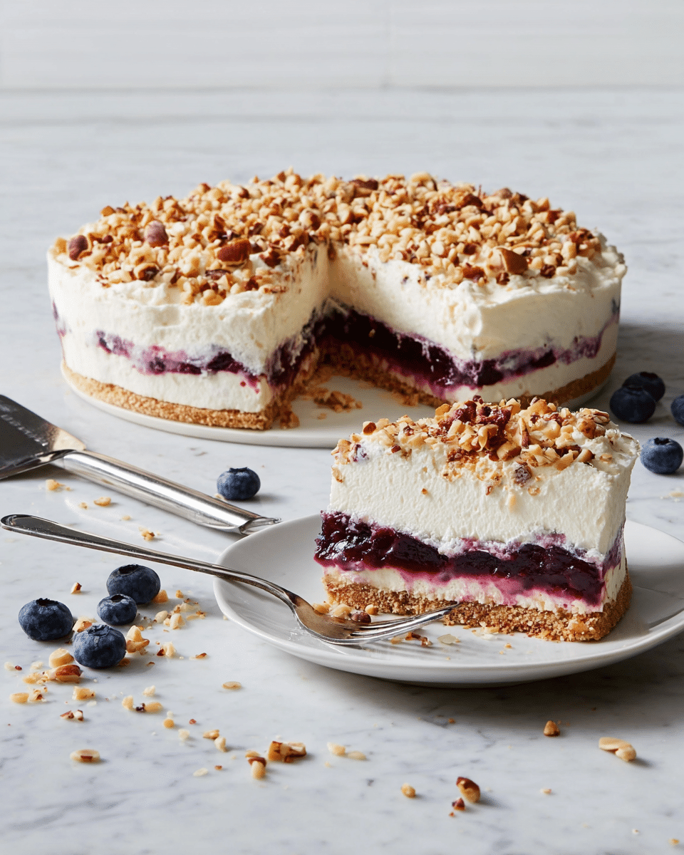 A round cake with four visible layers sits on a white marbled surface: the bottom layer is a thick, crumbly light brown crust, above it is a creamy white layer, then a deep purple fruit jelly layer, and topped with a thick, fluffy white cream layer sprinkled generously with chopped nuts in shades of brown. A single slice is cut and placed on a white plate in the front right, showing the same layers clearly, with a silver fork resting alongside it. Some blueberries and scattered nut pieces are spread around on the white marbled surface, with a cake server on the left. photo taken with an iphone --ar 4:5 --v 7
