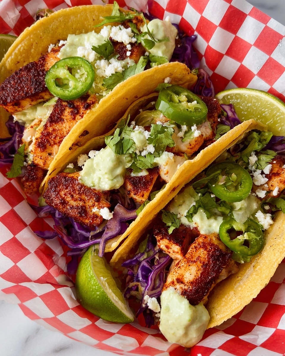 Three fish tacos are placed close together on a white basket lined with red checkered paper. Each taco has a soft yellow corn tortilla folded to hold layers inside: a base of shredded purple cabbage, chunks of grilled fish with a reddish-brown seasoning crust on top, green slices of jalapeño pepper, small dollops of creamy light green sauce, white crumbled cheese, and scattered fresh green cilantro leaves. On the side inside the basket are lime wedges with bright green skin and pale green flesh. The photo is taken on a white marbled surface. Photo taken with an iphone --ar 4:5 --v 7