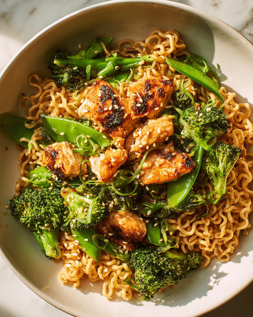 A close-up view of a white plate filled with a stir fry dish showing three main layers: the bottom layer is light brown curly noodles with slightly crispy edges, the middle layer consists of bright green broccoli florets and snap peas evenly spread, and the top layer features golden-brown grilled chicken pieces with char marks, all sprinkled with small pale sesame seeds. The plate sits on a white marbled surface with soft, natural light enhancing the textures and colors. photo taken with an iphone --ar 4:5 --v 7