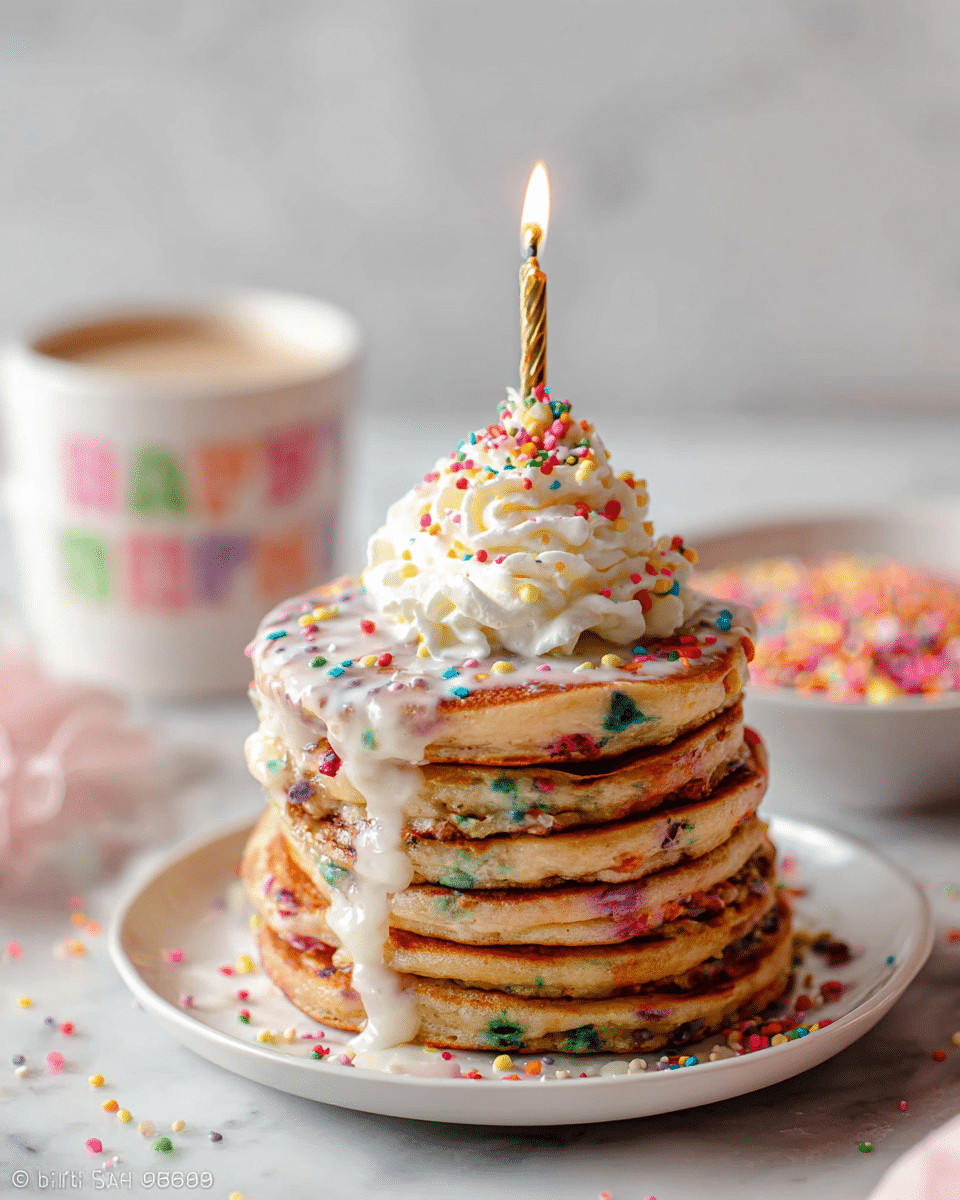 A tall stack of six round pancakes with multi-colored sprinkles mixed inside each golden-brown layer sits on a white plate; white icing drips down the sides of the stack, and colorful round sprinkles scatter on top and around the edges. On top of the pancakes is a swirl of white whipped cream decorated with more round sprinkles, holding a lit thin candle that is pale gold in color. In the blurred background, there is a white cup with colorful writing and a small white bowl filled with pink, yellow, green, and red sprinkles, all placed on a white marbled surface. photo taken with an iphone --ar 4:5 --v 7