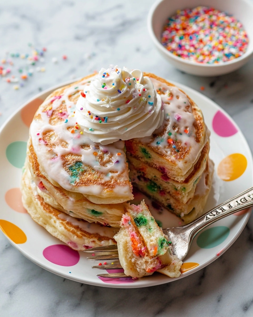 A stack of three thick pancakes with visible colorful sprinkles inside each pancake, stacked on a white plate with multicolored polka dots. The top pancake is covered with a light glaze that drips slightly on the edges, and a swirl of white whipped cream sits in the center, decorated with small round colorful confetti sprinkles. A silver fork with engraved text holds a bite of pancake with sprinkles near the stack. To the side, a small bowl filled with more colorful confetti sprinkles is visible on a white marbled surface. Photo taken with an iphone --ar 4:5 --v 7
