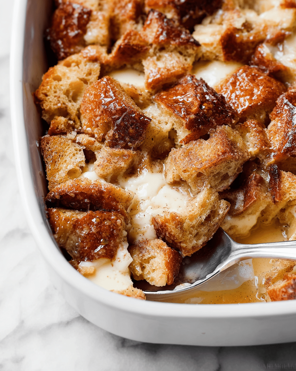 The image shows a white baking dish filled with a bread pudding, made of torn chunks of golden-brown toasted bread mixed with creamy white layers of melted cheese or custard, creating a layered texture. The top layer is rough with browned, crumbly bits that have a slightly glossy finish from syrup or sauce pooling in some areas. The bread pieces vary in size and have crispy edges, contrasting with soft white patches. The baking dish rests on a wooden surface with a brown striped cloth partially visible on the side. The scene is bright and inviting, focusing closely on the dish. photo taken with an iphone --ar 4:5 --v 7