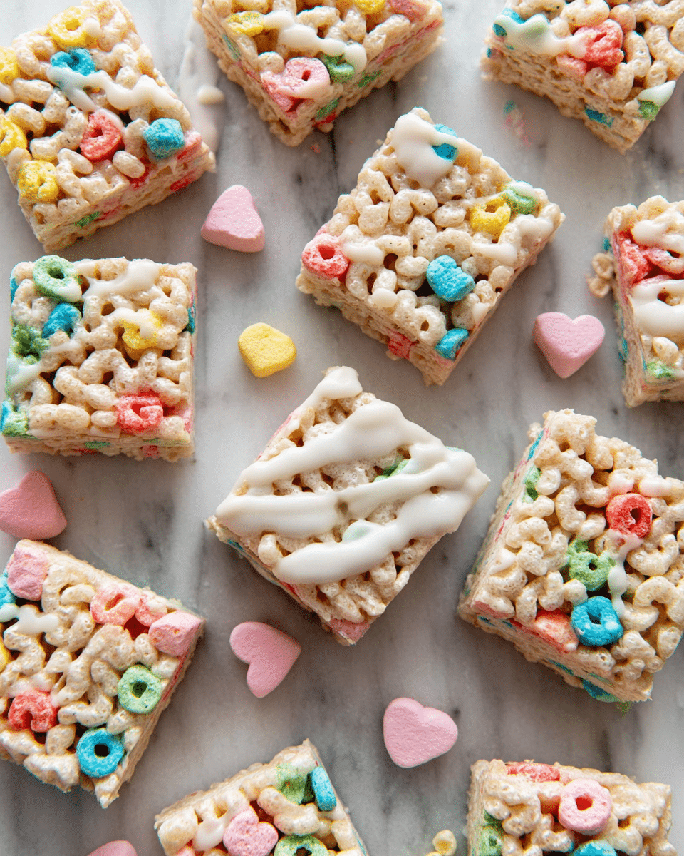 Square cereal treats are scattered on a white marbled surface, each with two layers: a top layer of light beige cereal pieces mixed with colorful marshmallow bits in pink, blue, red, green, yellow, and orange, showing a puffy, airy texture, and a bottom layer coated with a smooth, shiny white drizzle, slightly melting and uneven. The cereal pieces are tightly packed, and some pieces show the crispy texture of the cereal. Small heart-shaped marshmallow pieces in pink are also scattered around, adding charm and color contrast. photo taken with an iphone --ar 4:5 --v 7