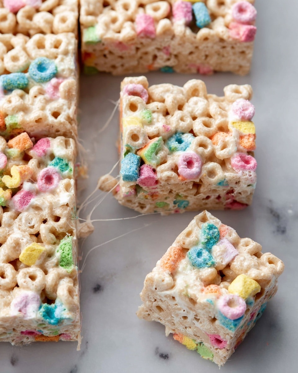 The image shows close-up squares of a cereal treat bar made from light beige cereal pieces and melted white marshmallow binding them together. The pieces sit tightly packed in one thick layer, with colorful bits of pink, blue, yellow, orange, and green marshmallow scattered throughout, adding bright pops of color. One square is slightly pulled away, showing thin white marshmallow strings stretching between it and the main block. The bars are placed on a white marbled surface. photo taken with an iphone --ar 4:5 --v 7