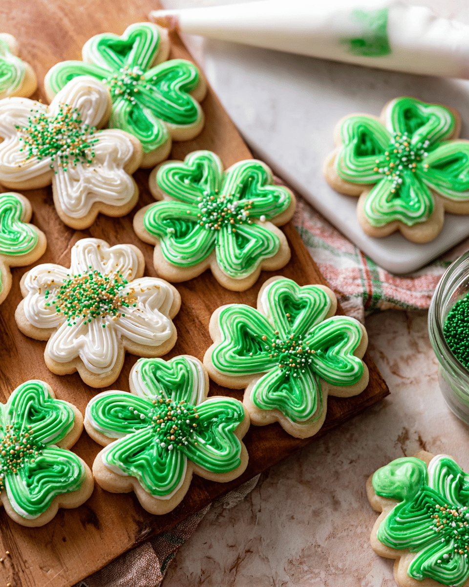 Shamrock-shaped sugar cookies, each with one layer of smooth cream-colored base and multiple layers of green icing piped in wavy lines to form the leaves, some decorated with small white or gold sprinkles placed mostly in the center. One cookie has white icing instead of green, topped with small green sugar crystals. The cookies are scattered on a wooden board with a white marbled surface visible on the side, along with a white piping bag filled with green icing. Photo taken with an iphone --ar 4:5 --v 7