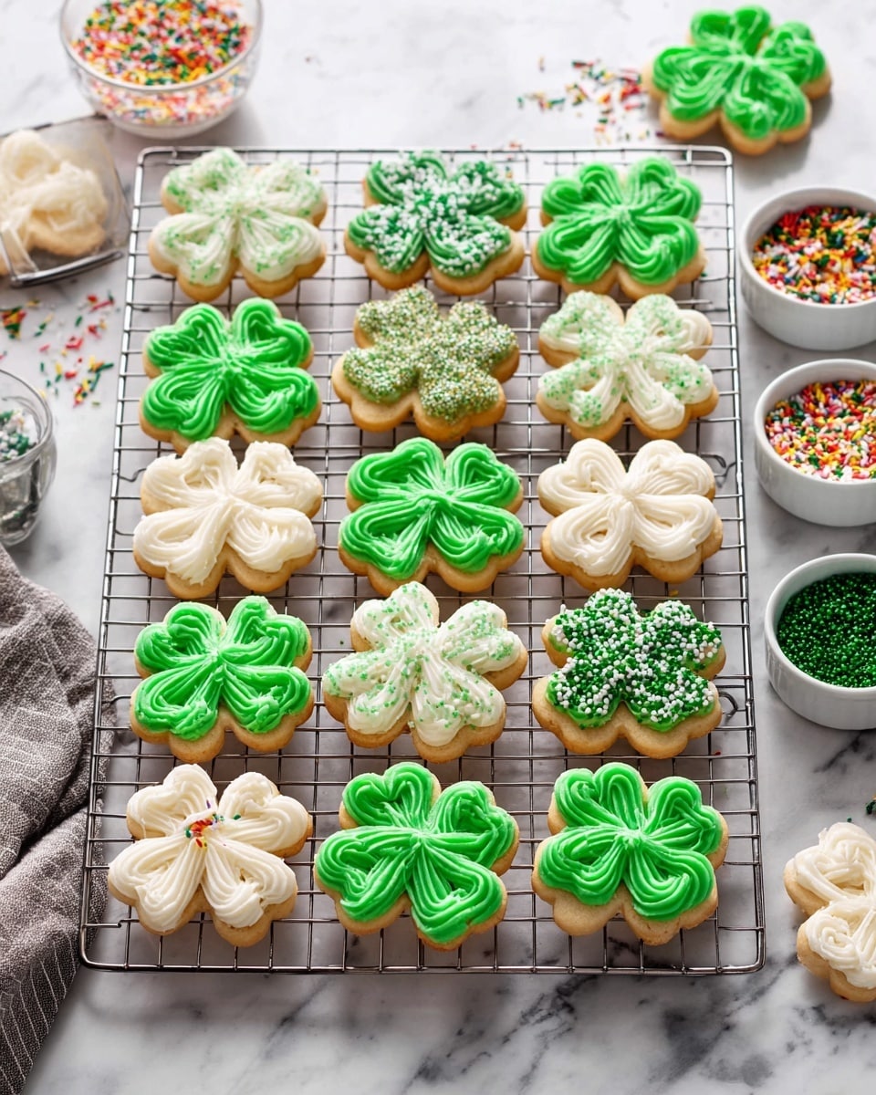 The image shows a cooling rack filled with 15 shamrock-shaped cookies on a white marbled texture. Each cookie has two layers: a light golden brown base and bright green or white frosting on top. The frosting is piped in thick, textured swirls following the three-leaf shapes of the shamrocks. Some cookies have green frosting with white sprinkles, while others have white frosting topped with green sugar crystals. A few cookies feature green frosting with colorful long sprinkles or golden sugar. Unfrosted shamrock cookies are to the left, and small white bowls holding different types of sprinkles are on the right side. Photo taken with an iphone --ar 4:5 --v 7